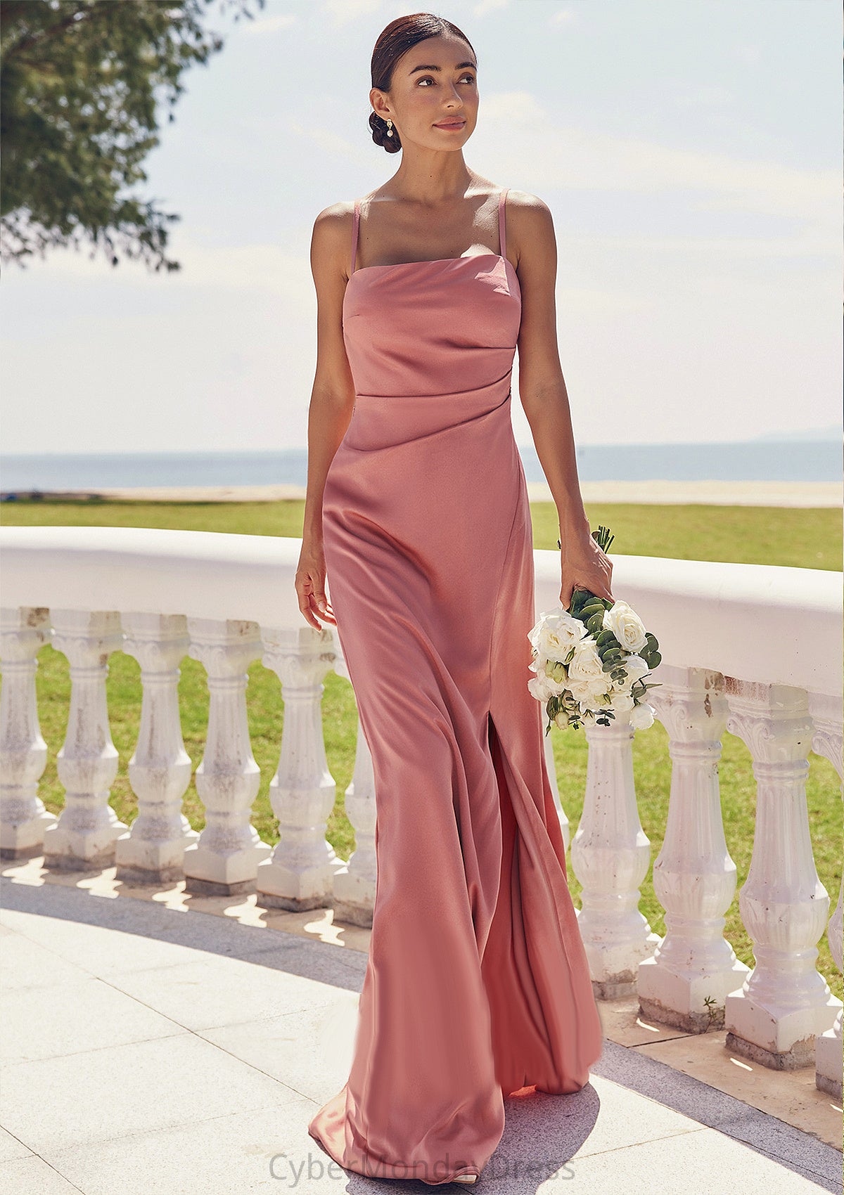 Sheath/Column Square Neckline Sleeveless Floor-Length Stretch Satin Bridesmaid Dresses with Pleated Split Evangeline DTP0025277