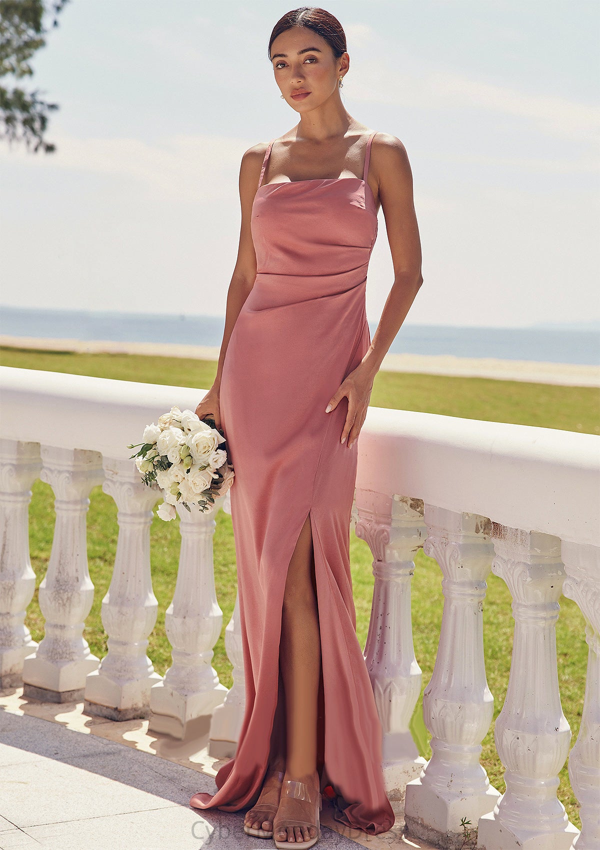 Sheath/Column Square Neckline Sleeveless Floor-Length Stretch Satin Bridesmaid Dresses with Pleated Split Evangeline DTP0025277