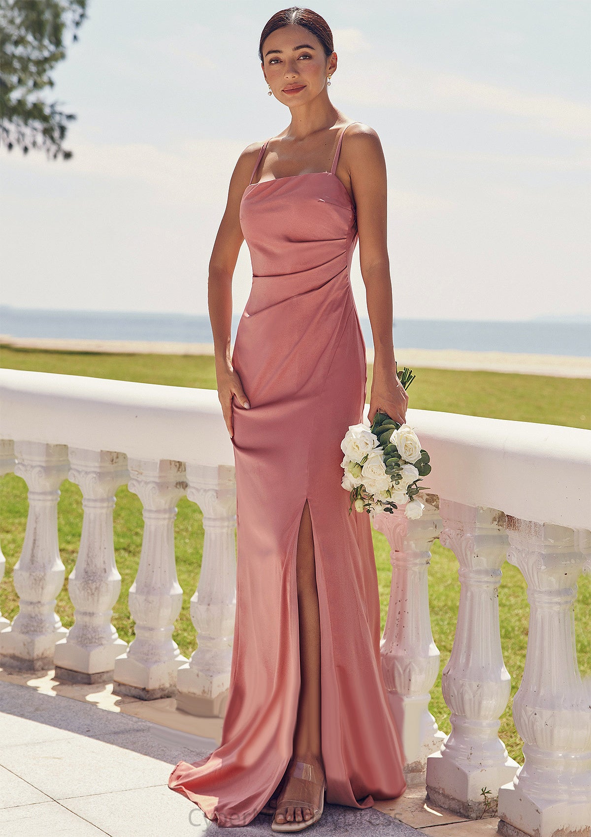 Sheath/Column Square Neckline Sleeveless Floor-Length Stretch Satin Bridesmaid Dresses with Pleated Split Evangeline DTP0025277