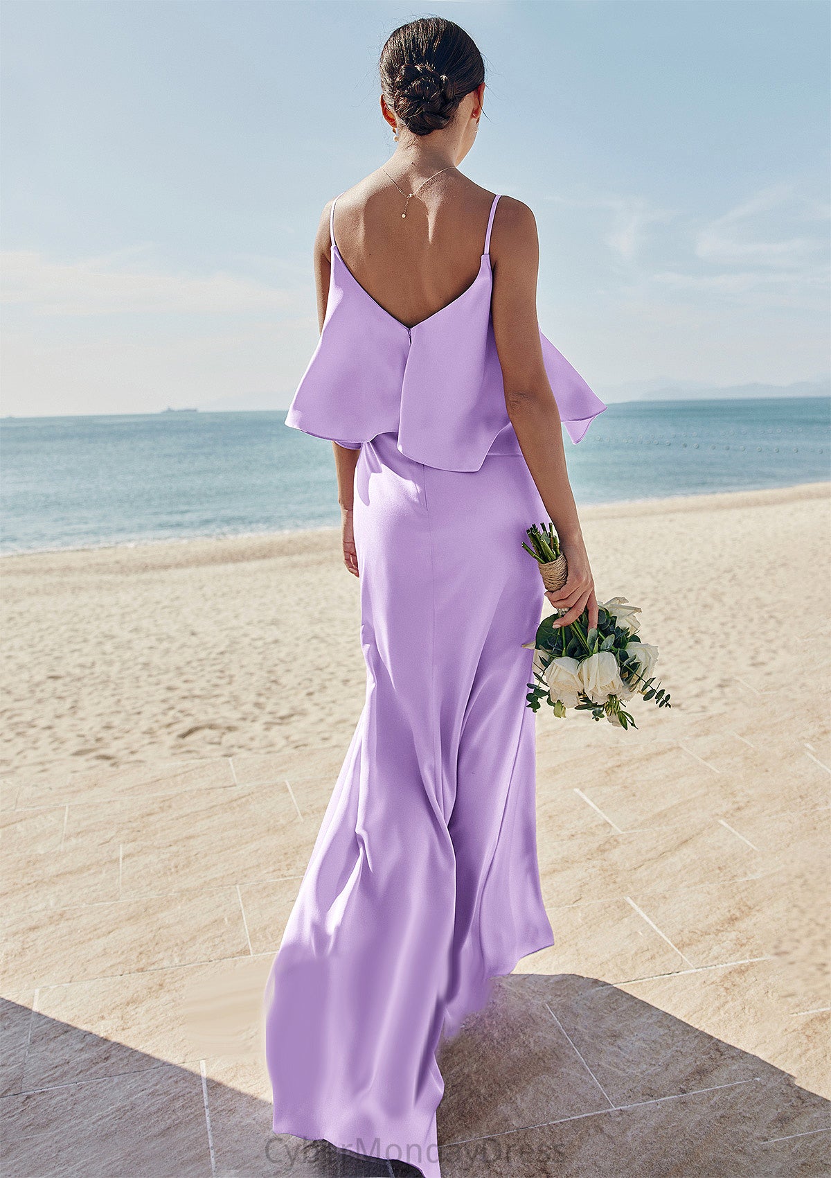 Sheath/Column V Neck Sleeveless Floor-Length Stretch Satin Bridesmaid Dresses with Ruffles Harmony DTP0025278