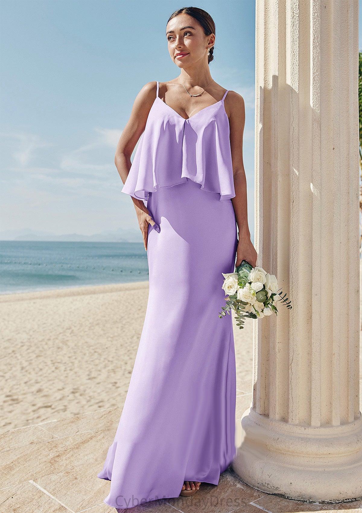 Sheath/Column V Neck Sleeveless Floor-Length Stretch Satin Bridesmaid Dresses with Ruffles Harmony DTP0025278