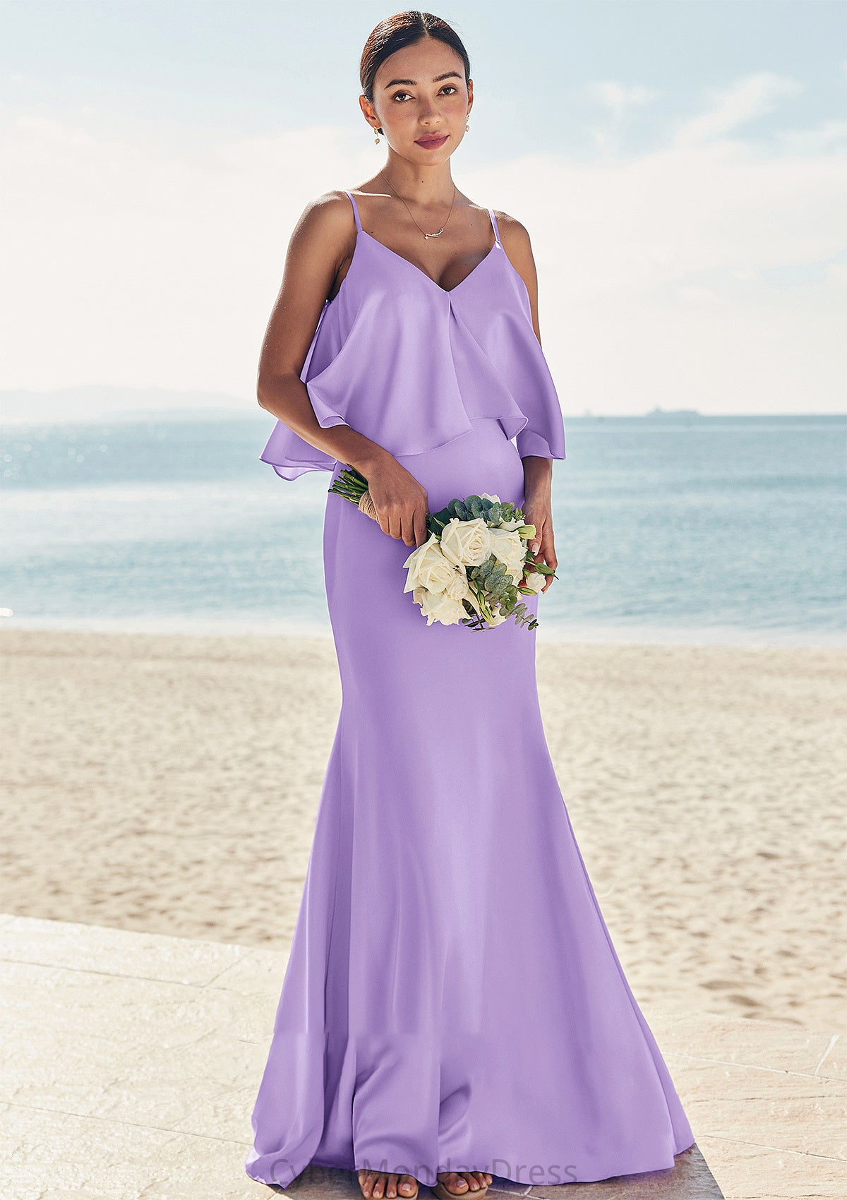 Sheath/Column V Neck Sleeveless Floor-Length Stretch Satin Bridesmaid Dresses with Ruffles Harmony DTP0025278