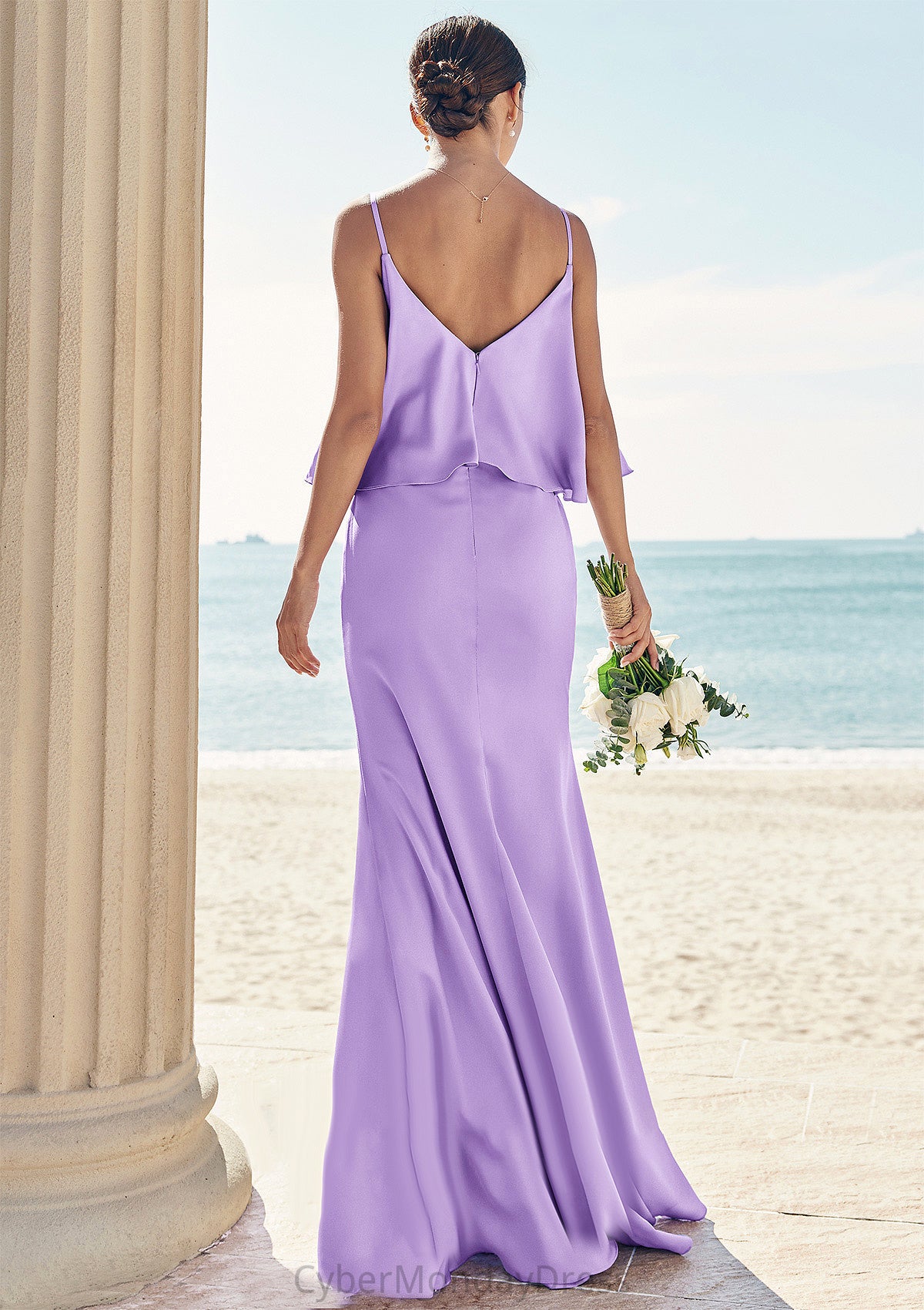 Sheath/Column V Neck Sleeveless Floor-Length Stretch Satin Bridesmaid Dresses with Ruffles Harmony DTP0025278