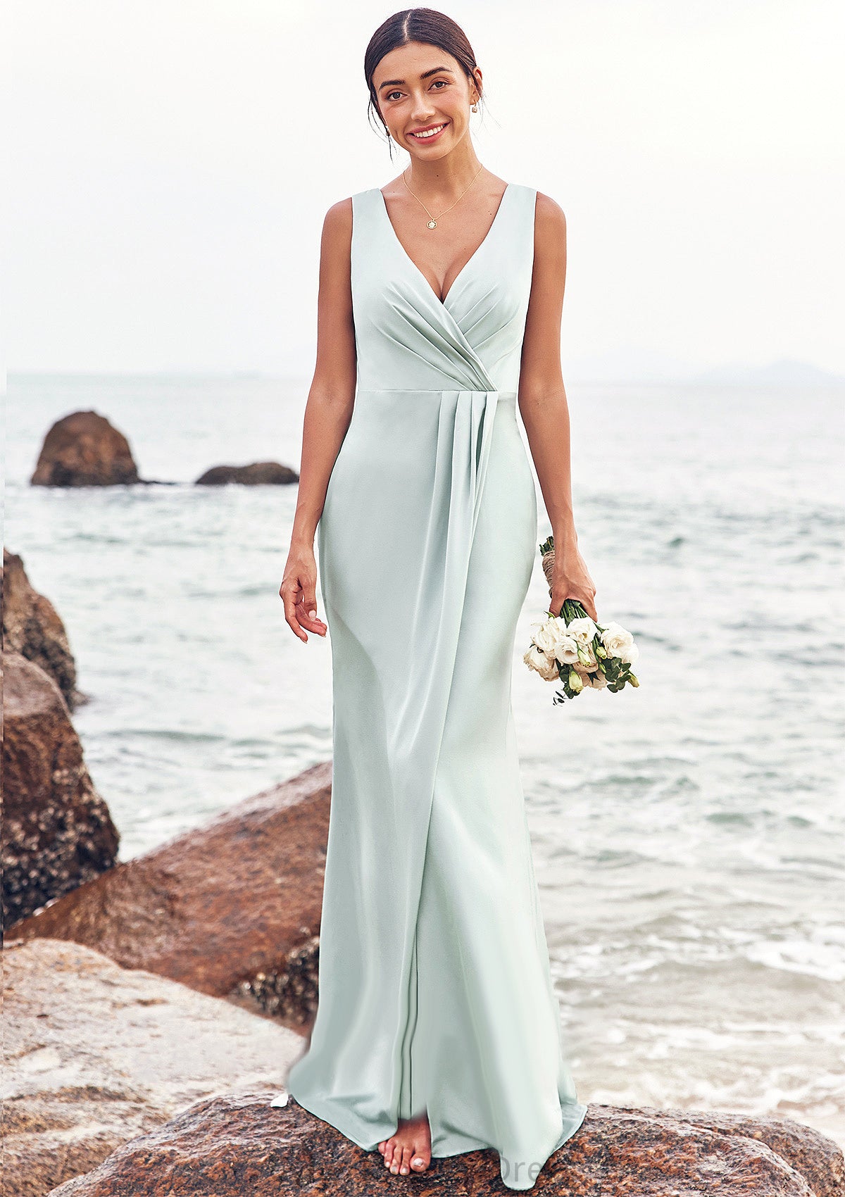 Sheath/Column V Neck Sleeveless Floor-Length Stretch Satin Bridesmaid Dresses with Pleated Split Payton DTP0025279