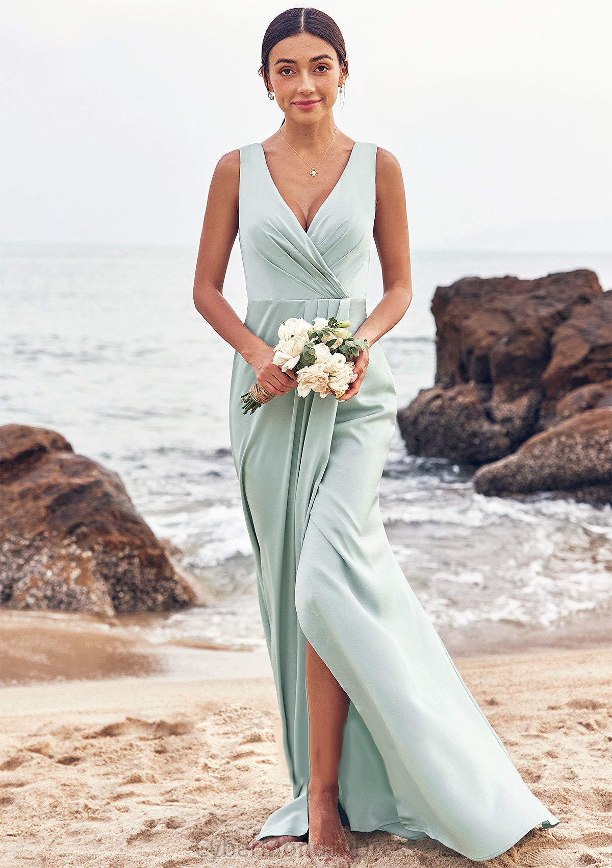 Sheath/Column V Neck Sleeveless Floor-Length Stretch Satin Bridesmaid Dresses with Pleated Split Payton DTP0025279