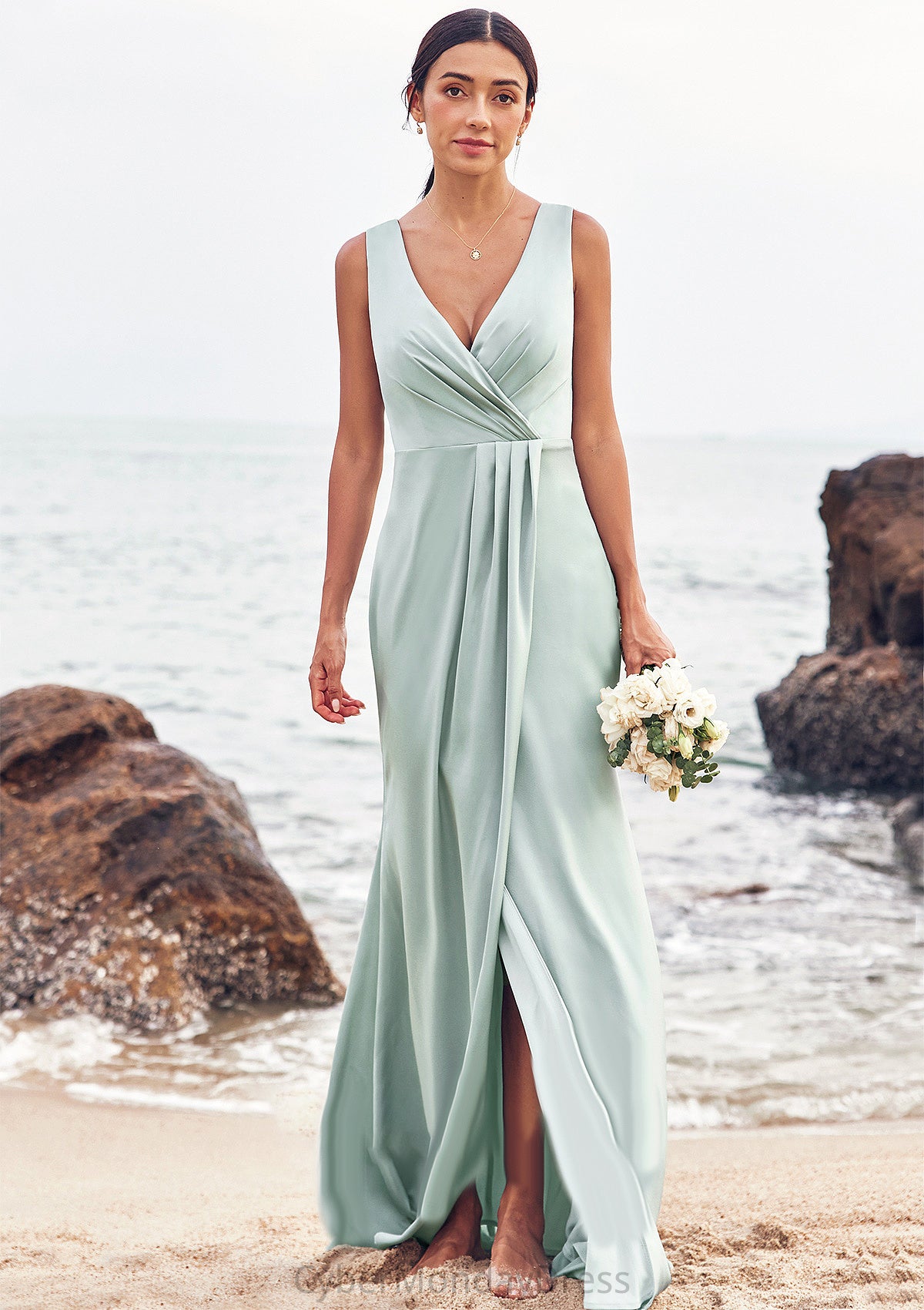 Sheath/Column V Neck Sleeveless Floor-Length Stretch Satin Bridesmaid Dresses with Pleated Split Payton DTP0025279