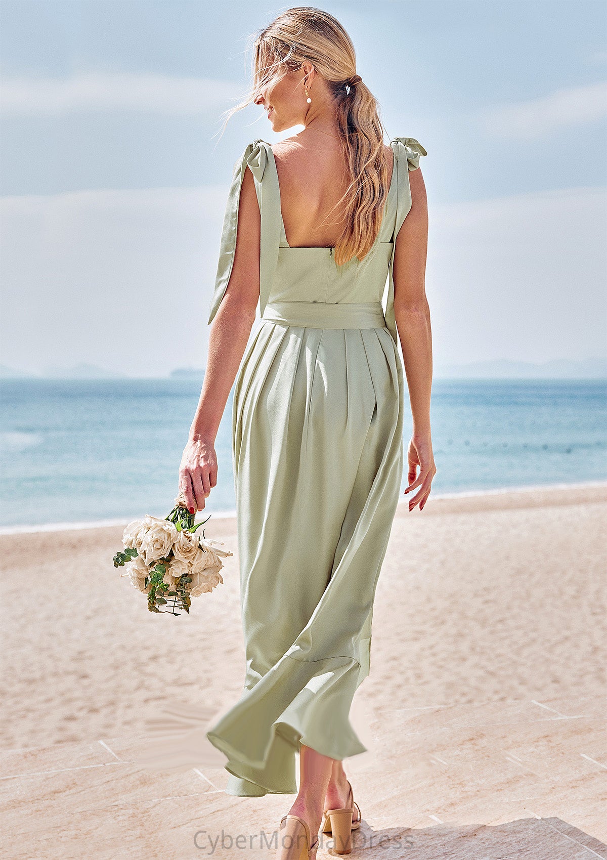 Sheath/Column Square Neckline Sleeveless Tea-Length Stretch Satin Bridesmaid Dresses with Bowknot Ruffles Split Celeste DTP0025280