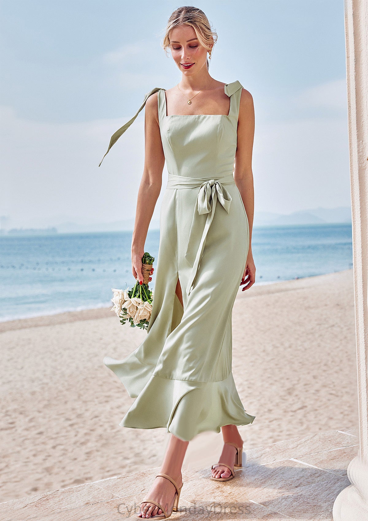 Sheath/Column Square Neckline Sleeveless Tea-Length Stretch Satin Bridesmaid Dresses with Bowknot Ruffles Split Celeste DTP0025280