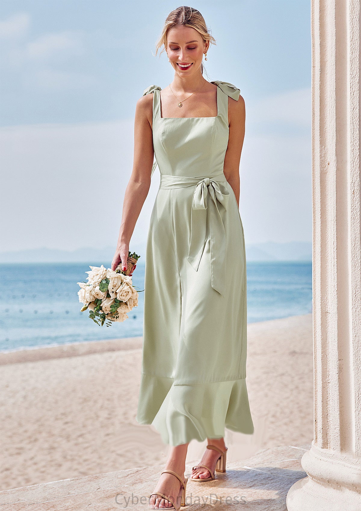 Sheath/Column Square Neckline Sleeveless Tea-Length Stretch Satin Bridesmaid Dresses with Bowknot Ruffles Split Celeste DTP0025280