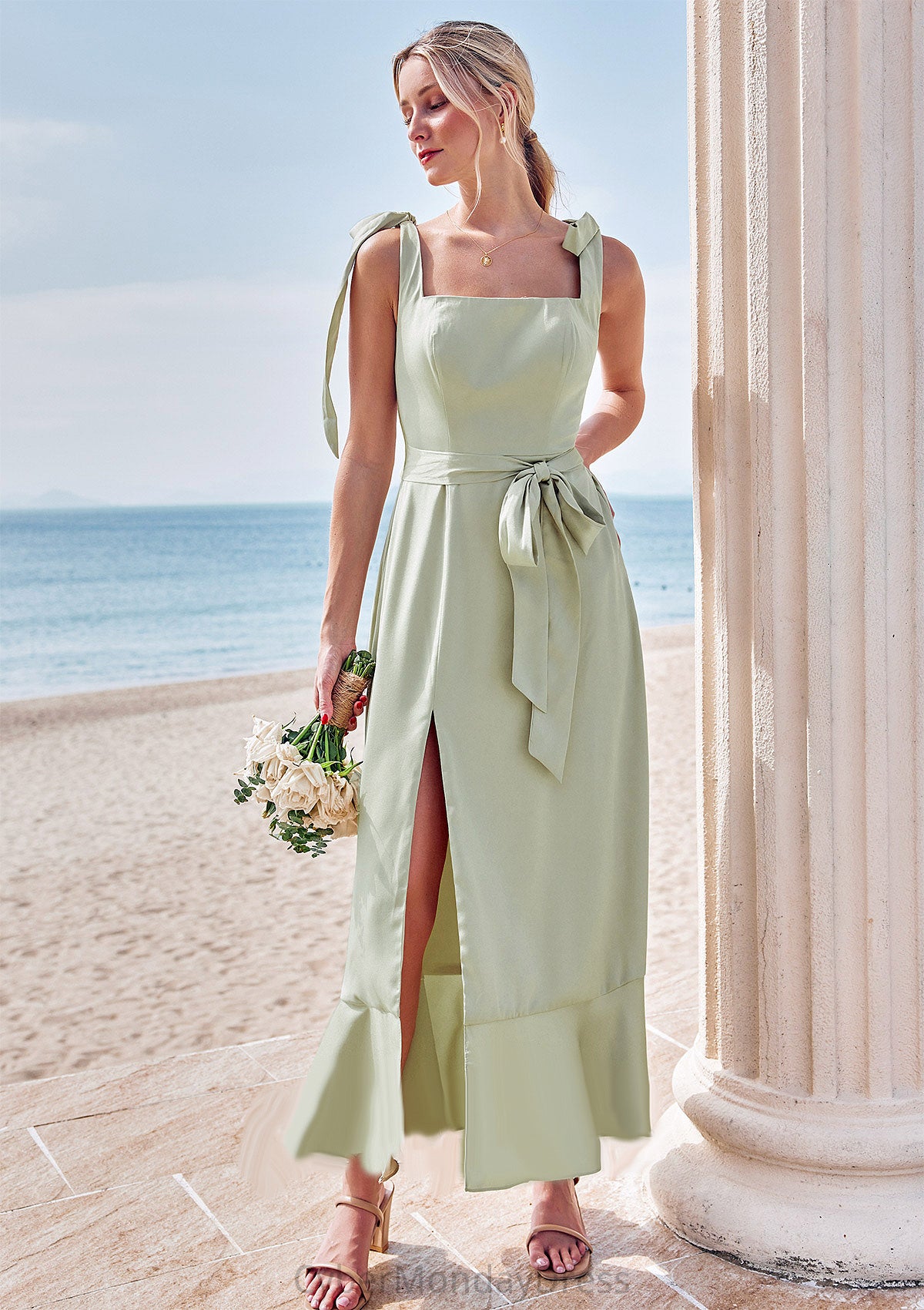 Sheath/Column Square Neckline Sleeveless Tea-Length Stretch Satin Bridesmaid Dresses with Bowknot Ruffles Split Celeste DTP0025280