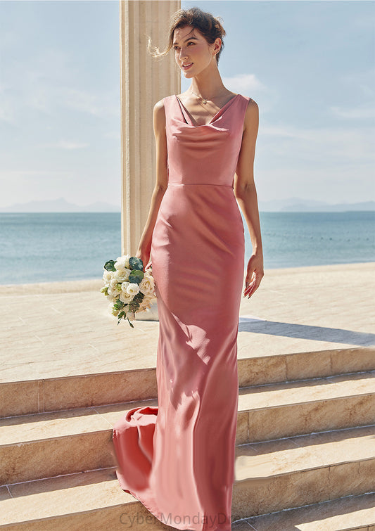 Trumpet/Mermaid Cowl Neck Sleeveless Floor-Length Stretch Satin Bridesmaid Dresses with Sashes Tanya DTP0025281