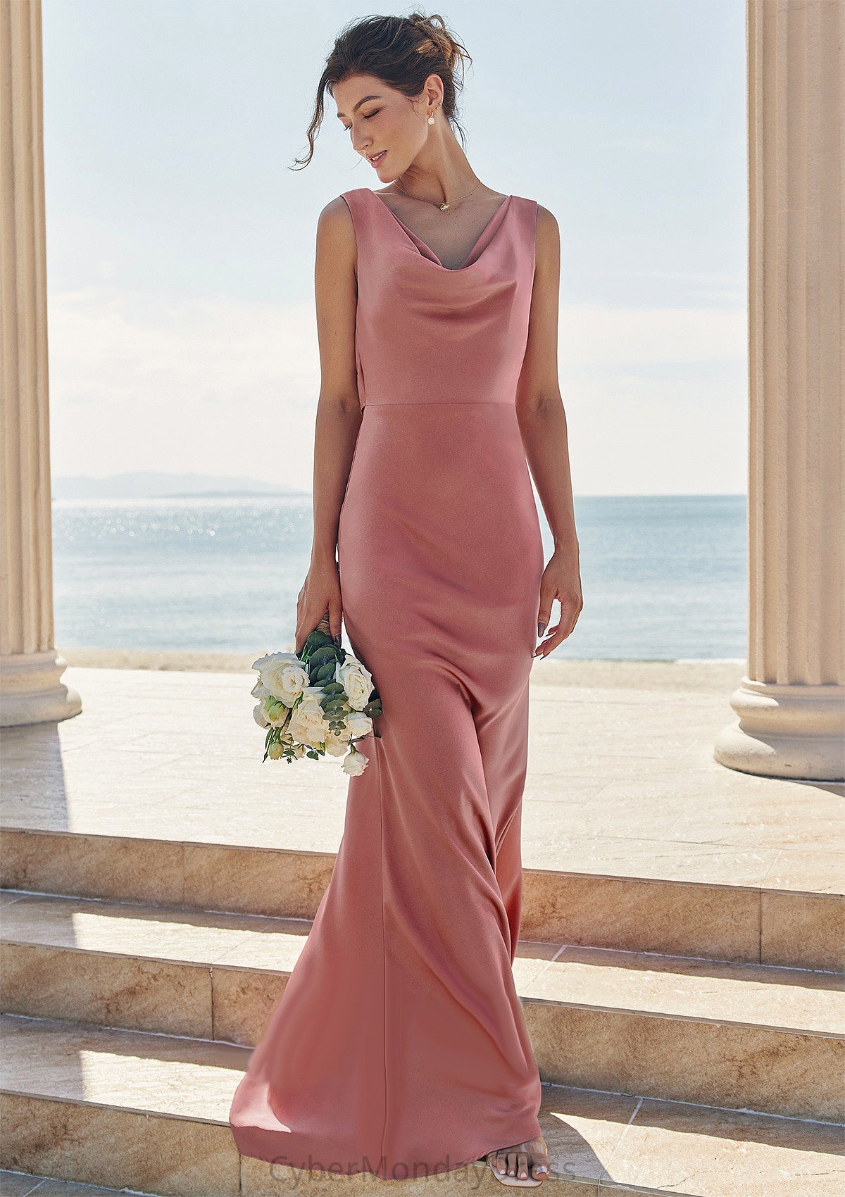 Trumpet/Mermaid Cowl Neck Sleeveless Floor-Length Stretch Satin Bridesmaid Dresses with Sashes Tanya DTP0025281