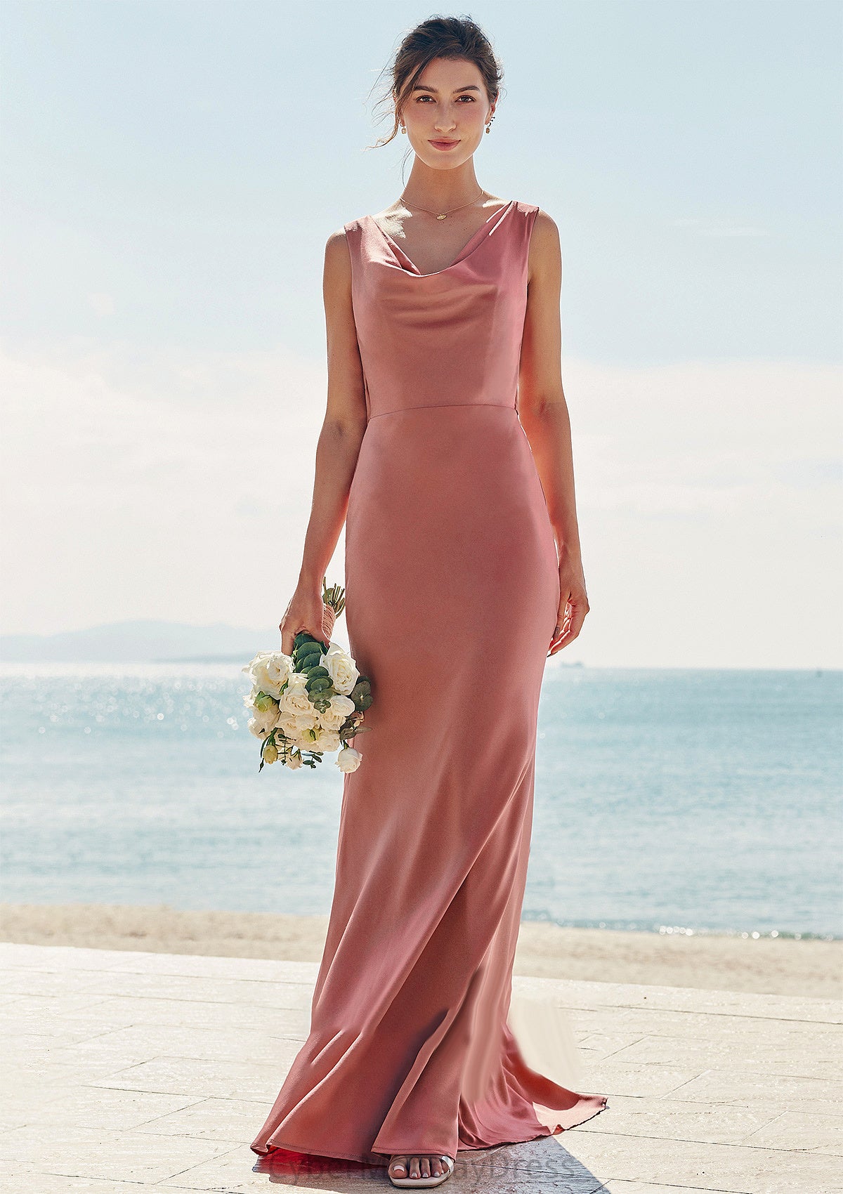 Trumpet/Mermaid Cowl Neck Sleeveless Floor-Length Stretch Satin Bridesmaid Dresses with Sashes Tanya DTP0025281