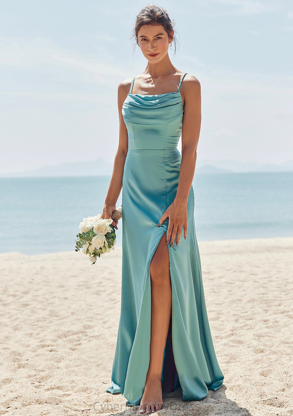 Sheath/Column Square Neckline Sleeveless Floor-Length Stretch Satin Bridesmaid Dresses with Pleated Split Nydia DTP0025282