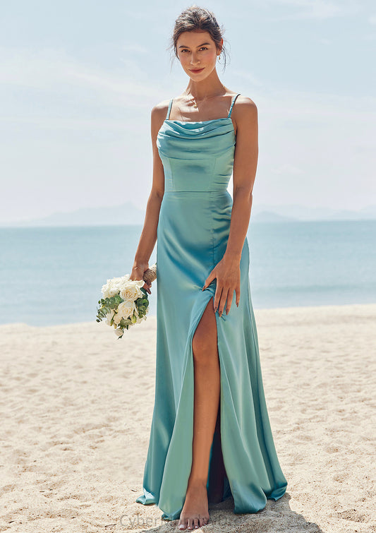 Sheath/Column Square Neckline Sleeveless Floor-Length Stretch Satin Bridesmaid Dresses with Pleated Split Nydia DTP0025282