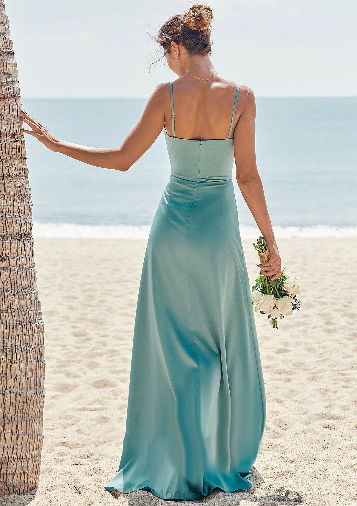 Sheath/Column Square Neckline Sleeveless Floor-Length Stretch Satin Bridesmaid Dresses with Pleated Split Nydia DTP0025282