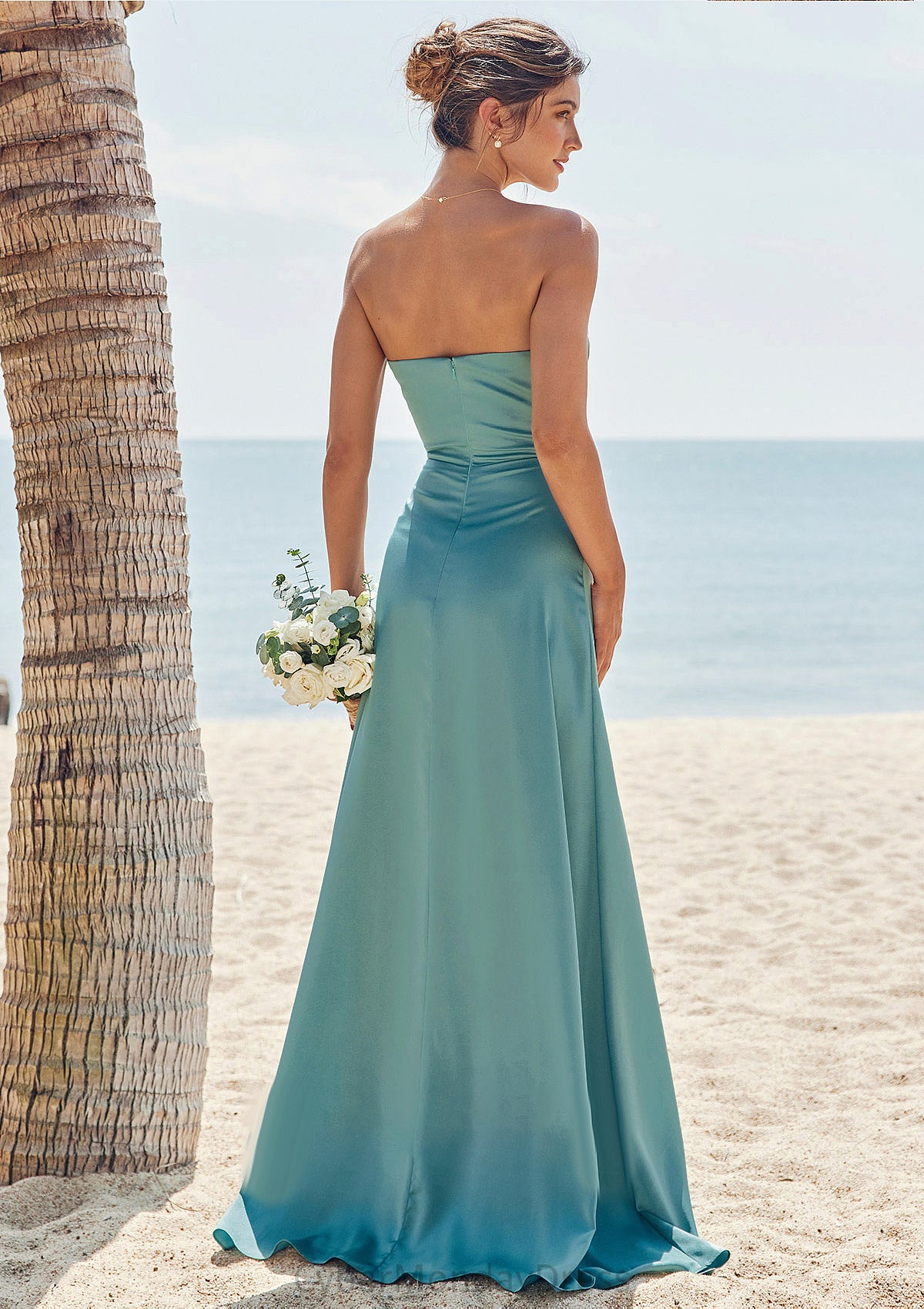 Sheath/Column Square Neckline Sleeveless Floor-Length Stretch Satin Bridesmaid Dresses with Pleated Split Nydia DTP0025282