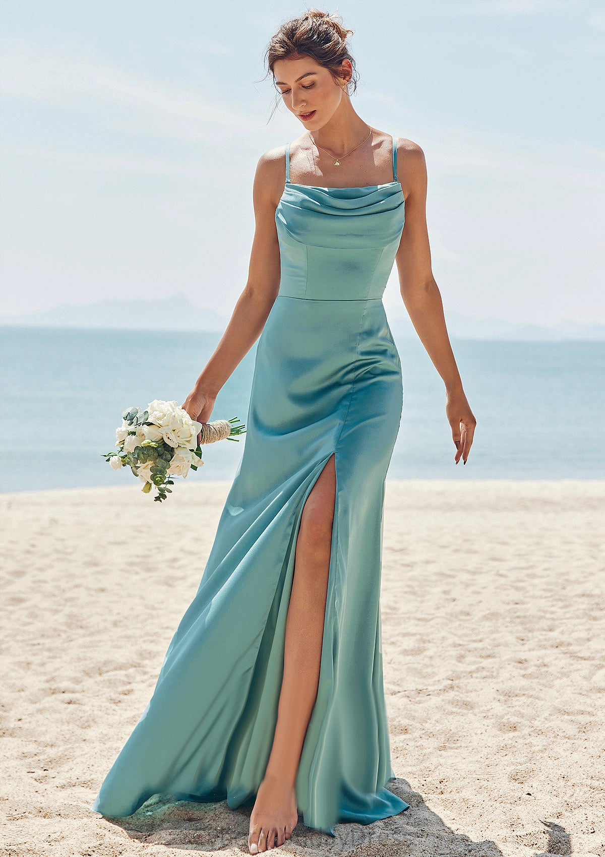 Sheath/Column Square Neckline Sleeveless Floor-Length Stretch Satin Bridesmaid Dresses with Pleated Split Nydia DTP0025282