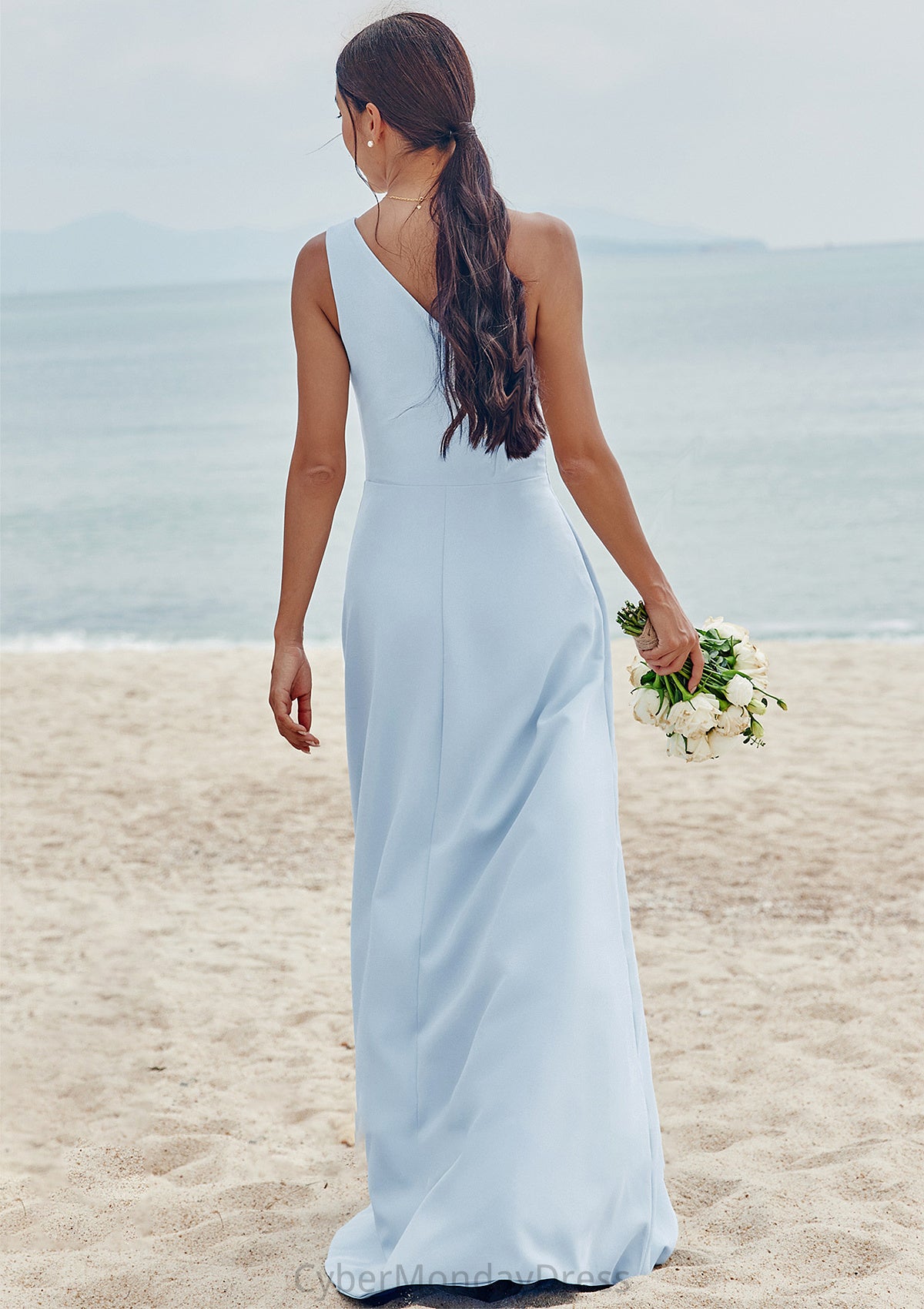 A-line One-Shoulder Sleeveless Floor-Length Stretch Crepe Bridesmaid Dresses with Pleated Split Estrella DTP0025284