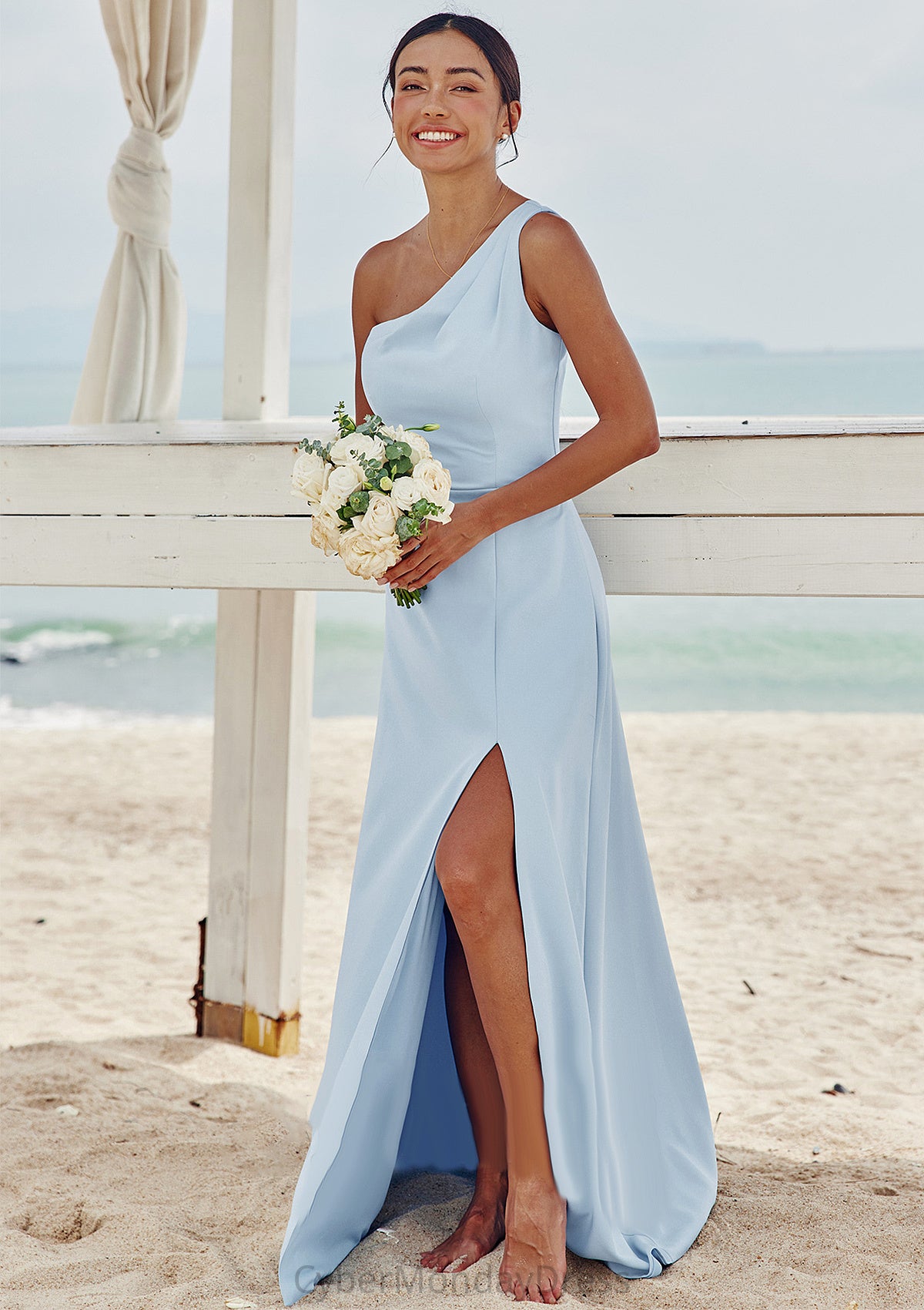 A-line One-Shoulder Sleeveless Floor-Length Stretch Crepe Bridesmaid Dresses with Pleated Split Estrella DTP0025284