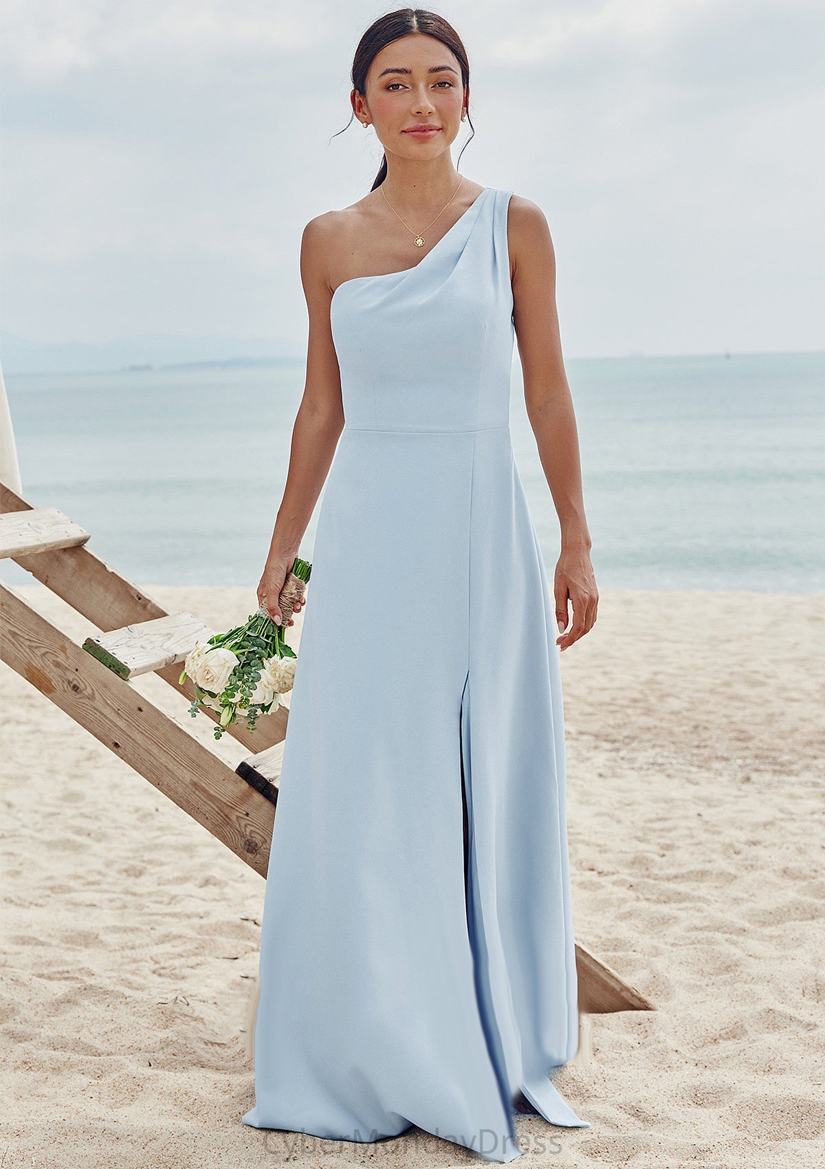 A-line One-Shoulder Sleeveless Floor-Length Stretch Crepe Bridesmaid Dresses with Pleated Split Estrella DTP0025284