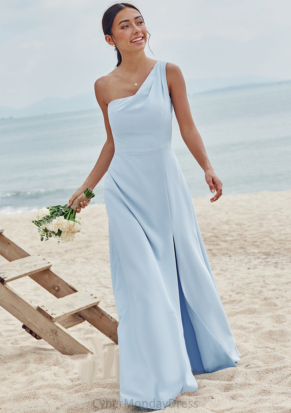 A-line One-Shoulder Sleeveless Floor-Length Stretch Crepe Bridesmaid Dresses with Pleated Split Estrella DTP0025284