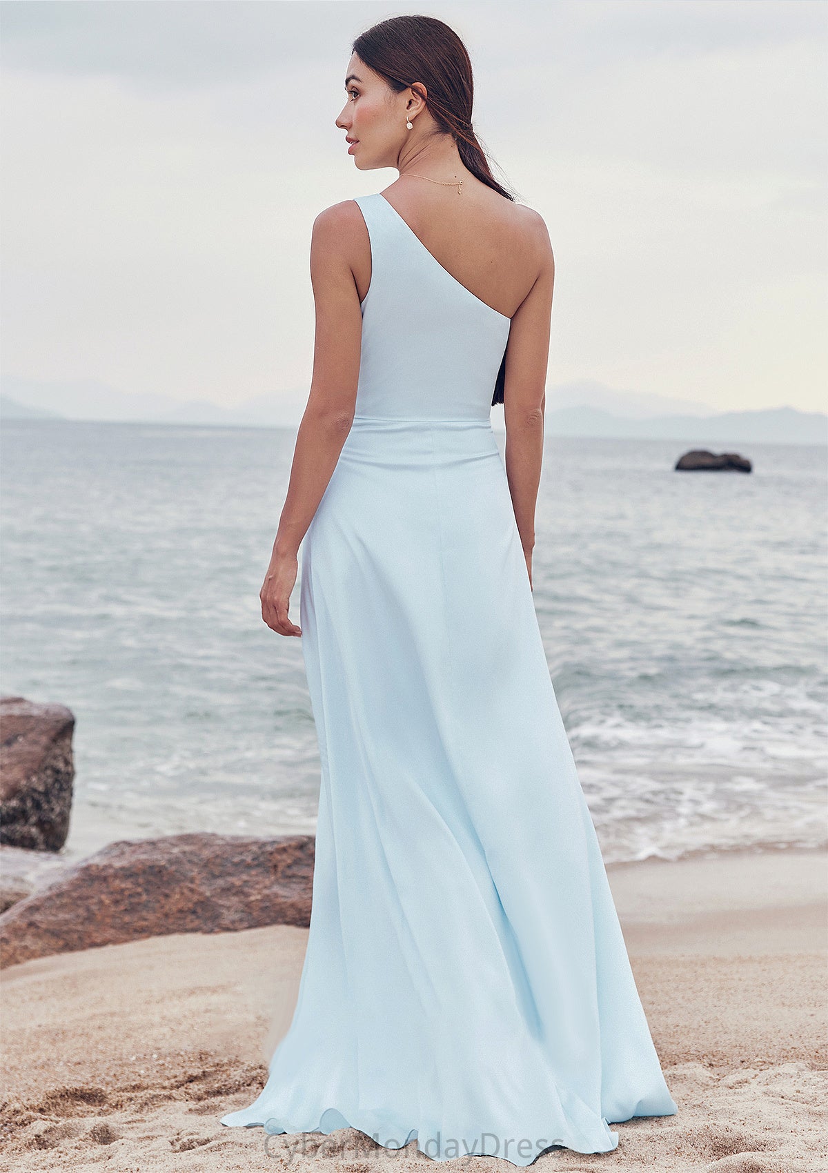 A-line One-Shoulder Sleeveless Floor-Length Stretch Satin Bridesmaid Dresses with Split Natalia DTP0025285