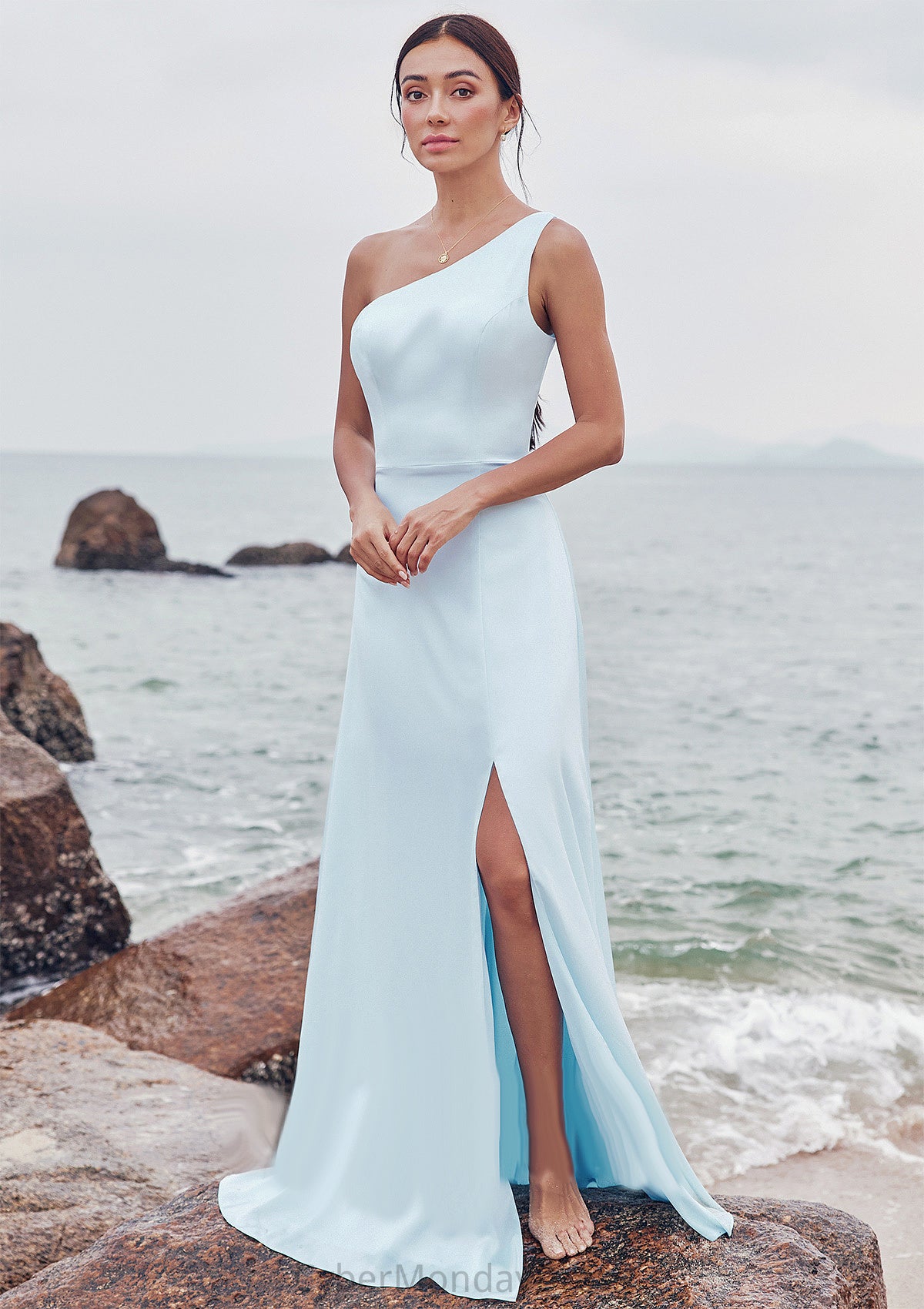 A-line One-Shoulder Sleeveless Floor-Length Stretch Satin Bridesmaid Dresses with Split Natalia DTP0025285