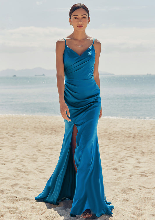 Trumpet/Mermaid V Neck Sleeveless Floor-Length Stretch Satin Bridesmaid Dresses with Pleated Split Taryn DTP0025286