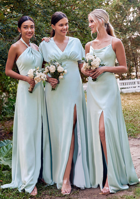 A-line Halter Sleeveless Floor-Length Stretch Satin Bridesmaid Dresses with Split Dayami DTP0025287