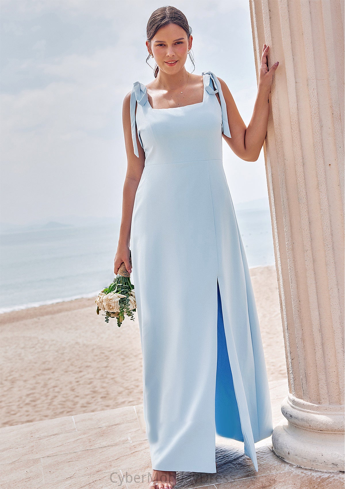 A-line Square Neckline Sleeveless Floor-Length Stretch Crepe Bridesmaid Dresses with Split Khloe DTP0025288