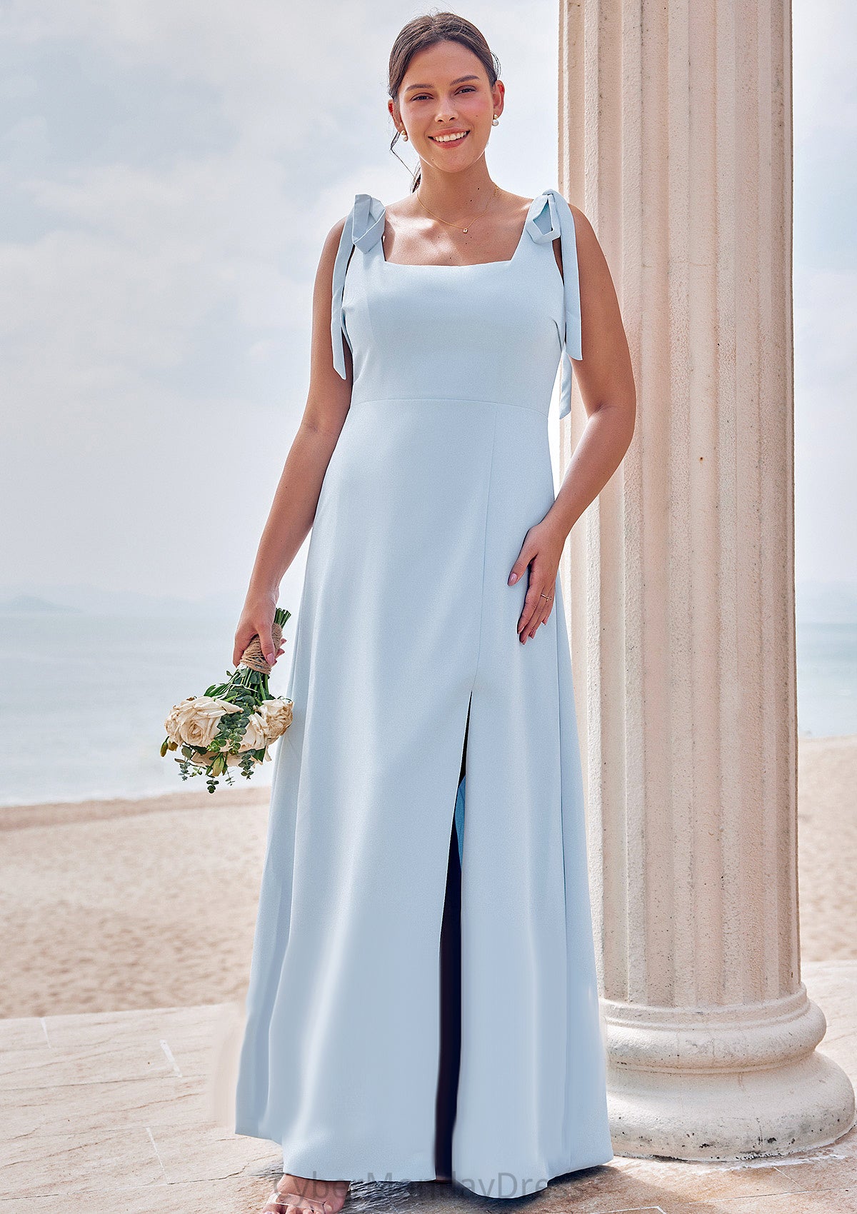 A-line Square Neckline Sleeveless Floor-Length Stretch Crepe Bridesmaid Dresses with Split Khloe DTP0025288