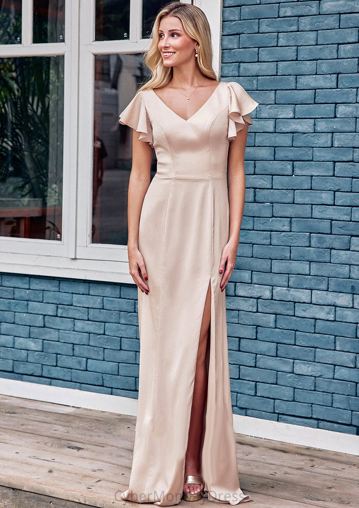 Sheath/Column V Neck Short Sleeve Floor-Length Stretch Satin Bridesmaid Dresses with Ruffles Split Breanna DTP0025290