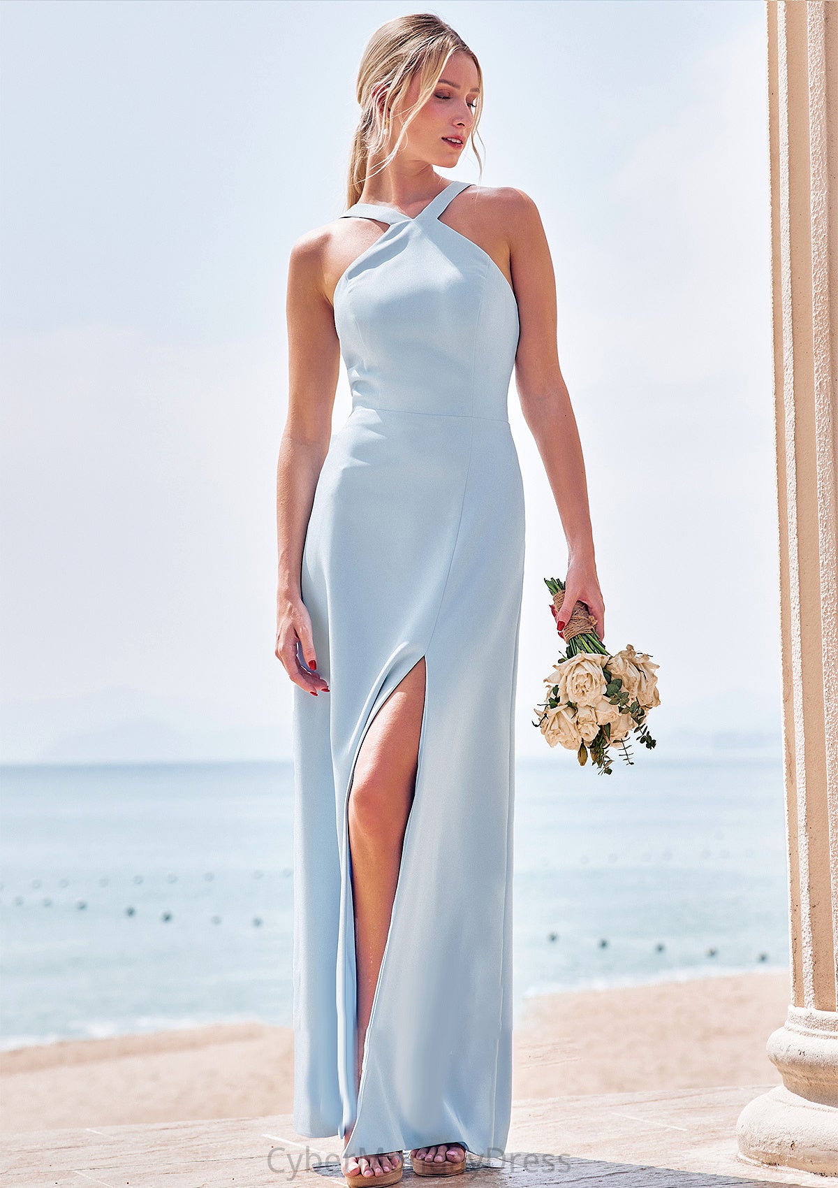 Sheath/Column Halter Sleeveless Floor-Length Stretch Crepe Bridesmaid Dresses with Split Hannah DTP0025291