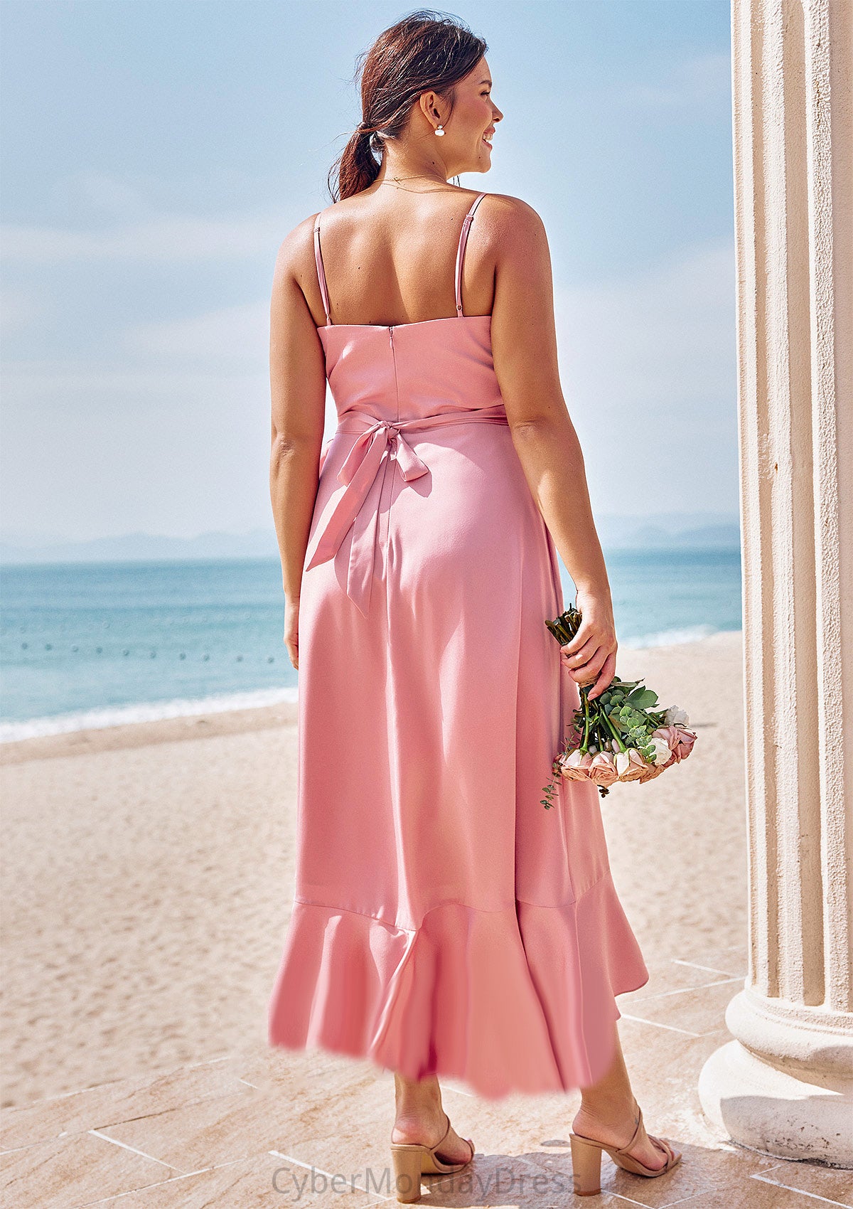 A-line V Neck Sleeveless Asymmetrical Stretch Satin Bridesmaid Dresses with Sashes Ruffles Lauretta DTP0025292