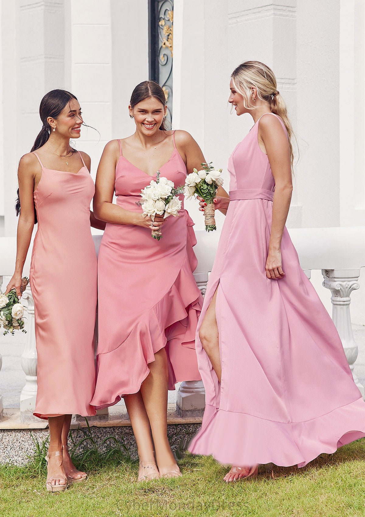 A-line V Neck Sleeveless Asymmetrical Stretch Satin Bridesmaid Dresses with Sashes Ruffles Lauretta DTP0025292