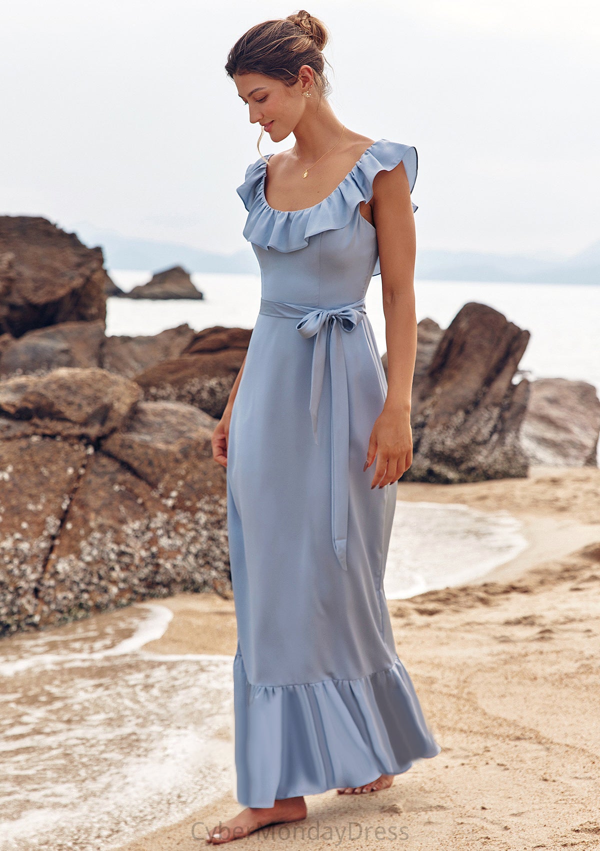 Sheath/Column Scoop Neck Sleeveless Floor-Length Stretch Satin Bridesmaid Dresses with Sashes Ruffles Alma DTP0025293