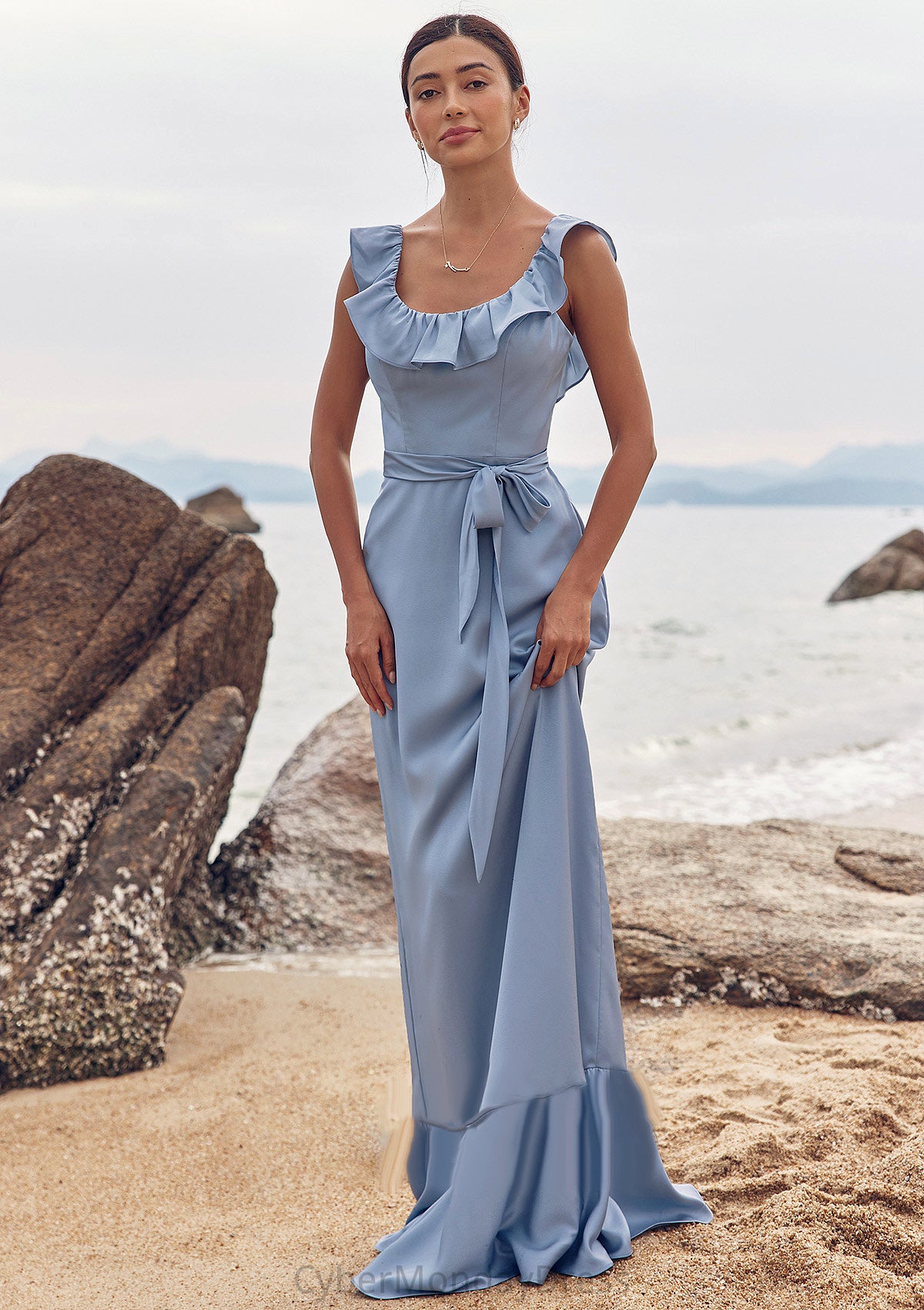 Sheath/Column Scoop Neck Sleeveless Floor-Length Stretch Satin Bridesmaid Dresses with Sashes Ruffles Alma DTP0025293