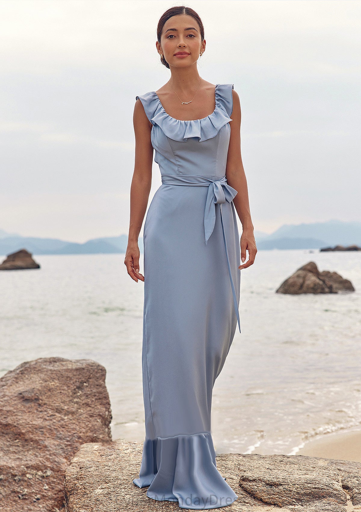 Sheath/Column Scoop Neck Sleeveless Floor-Length Stretch Satin Bridesmaid Dresses with Sashes Ruffles Alma DTP0025293