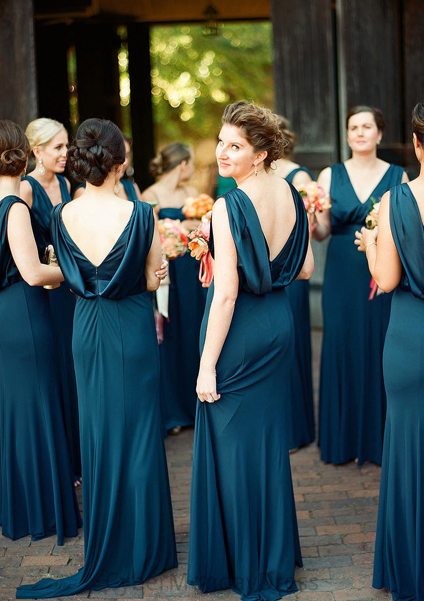 A-line V Neck Sleeveless Sweep Train Jersey Bridesmaid Dresses with Pleated Cassie DTP0025302