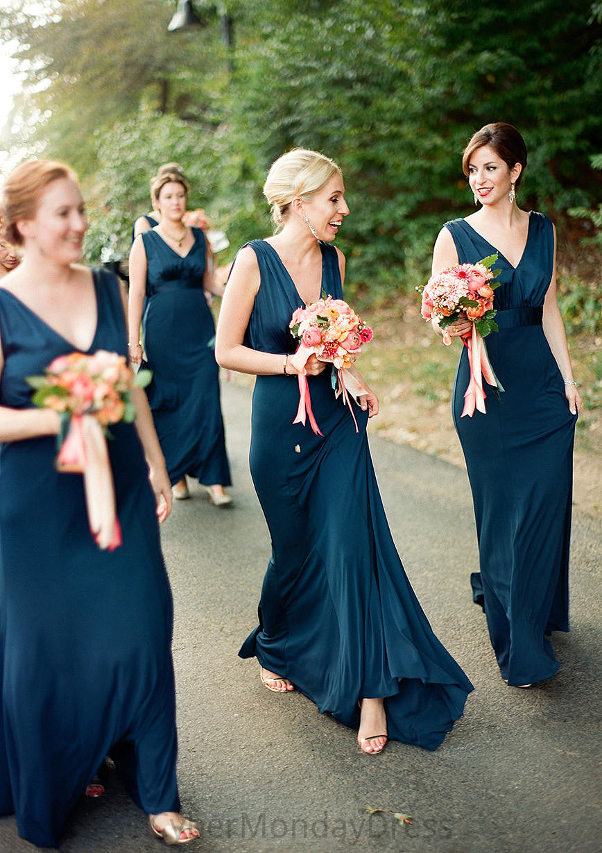 A-line V Neck Sleeveless Sweep Train Jersey Bridesmaid Dresses with Pleated Cassie DTP0025302