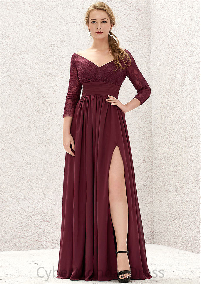 A-line V Neck Full/Long Sleeve Long/Floor-Length Chiffon Bridesmaid Dresses With Lace Split Pleated Kirsten DTP0025304