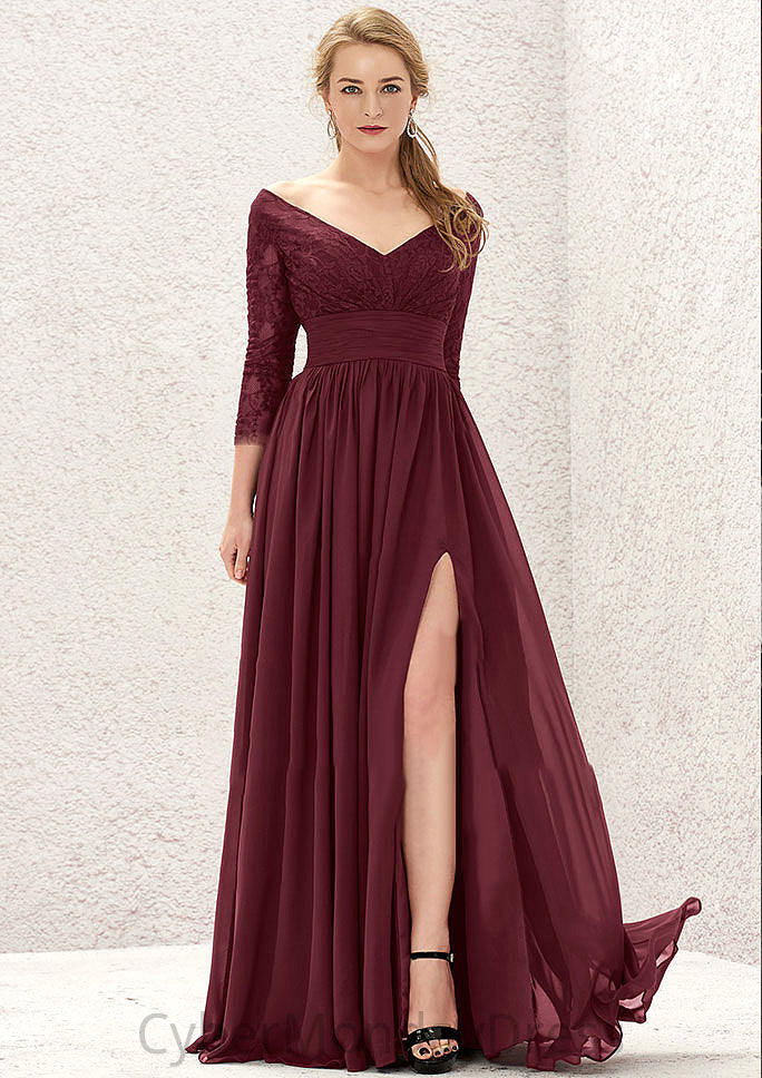 A-line V Neck Full/Long Sleeve Long/Floor-Length Chiffon Bridesmaid Dresses With Lace Split Pleated Kirsten DTP0025304