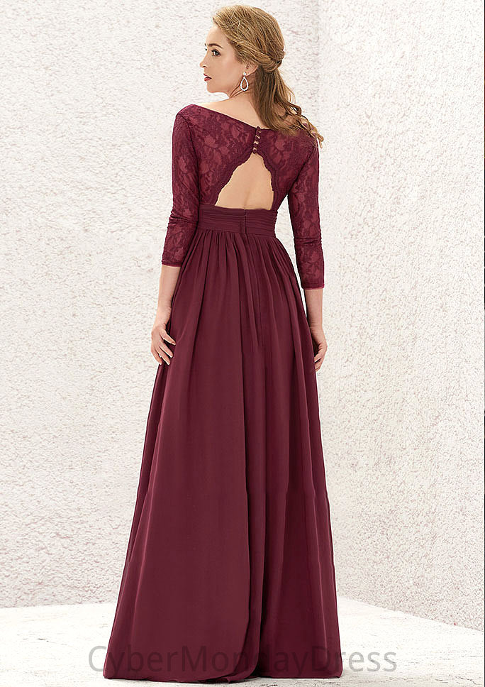 A-line V Neck Full/Long Sleeve Long/Floor-Length Chiffon Bridesmaid Dresses With Lace Split Pleated Kirsten DTP0025304