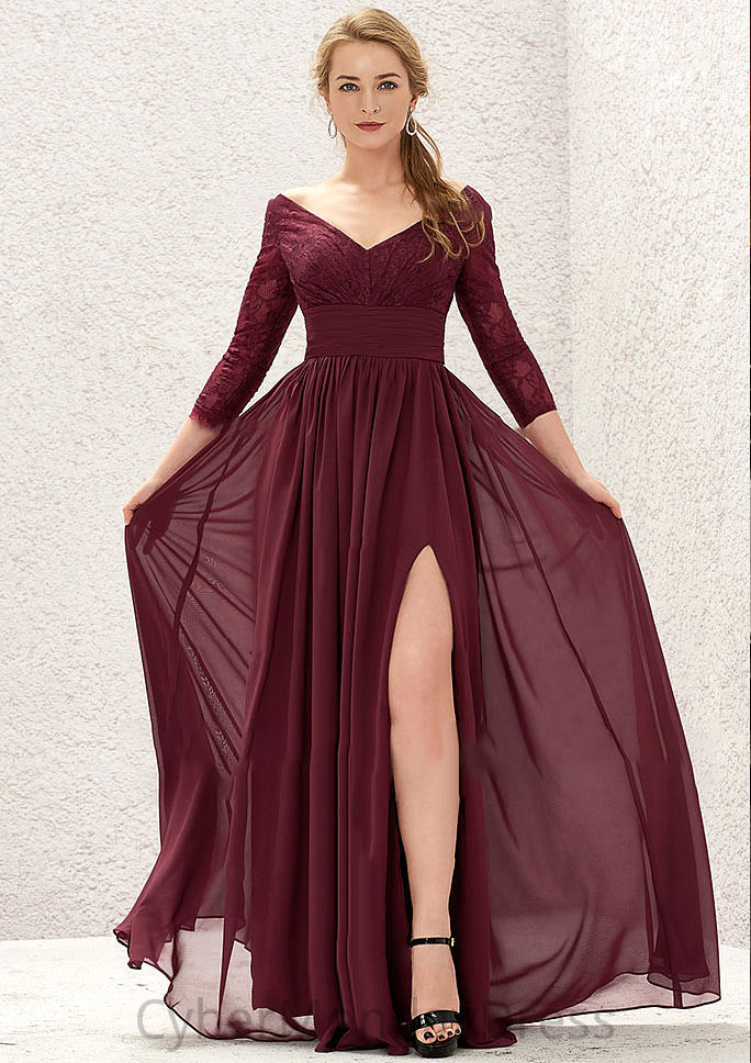 A-line V Neck Full/Long Sleeve Long/Floor-Length Chiffon Bridesmaid Dresses With Lace Split Pleated Kirsten DTP0025304