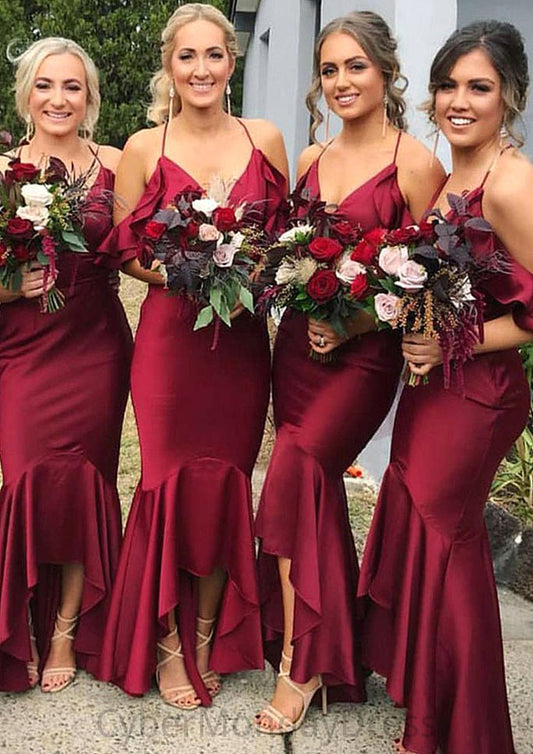 Sleeveless V Neck Asymmetrical Trumpet/Mermaid Charmeuse Bridesmaid Dresseses With Ruffles Mia DTP0025305