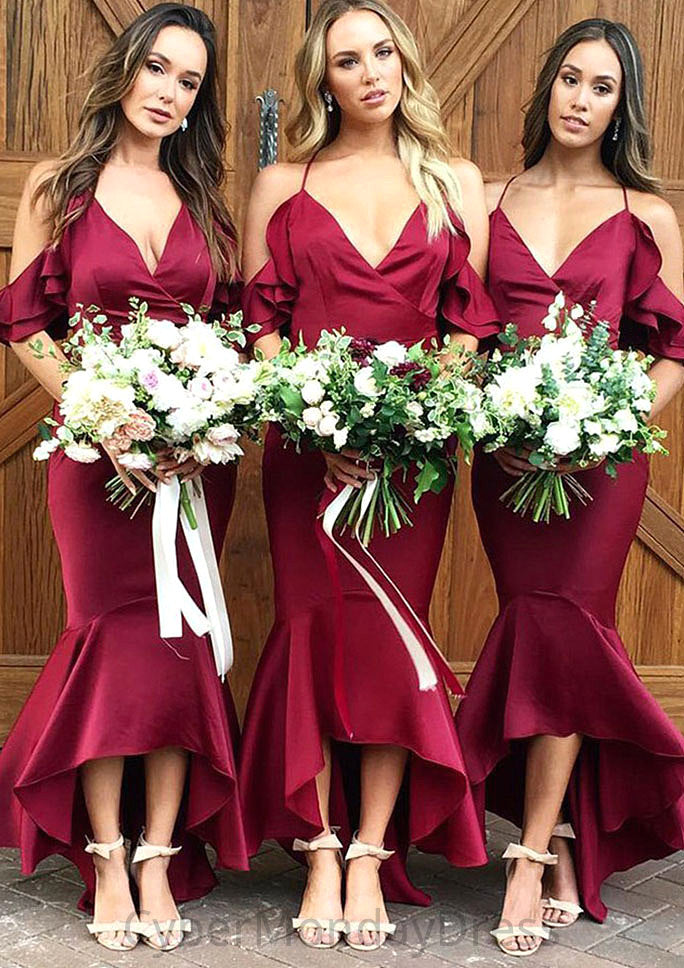 Sleeveless V Neck Asymmetrical Trumpet/Mermaid Charmeuse Bridesmaid Dresseses With Ruffles Mia DTP0025305