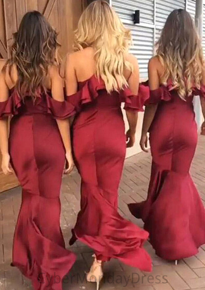 Sleeveless V Neck Asymmetrical Trumpet/Mermaid Charmeuse Bridesmaid Dresseses With Ruffles Mia DTP0025305