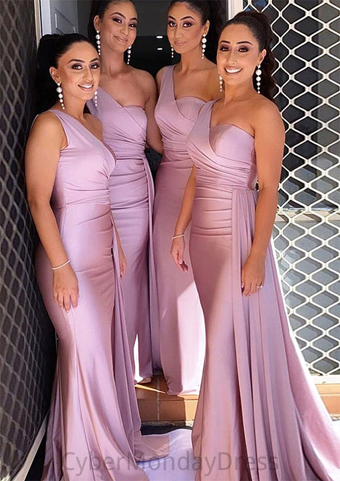 Trumpet/Mermaid One-Shoulder Sleeveless Sweep Train Jersey Bridesmaid Dresses With Pleated Side Draping Talia DTP0025308