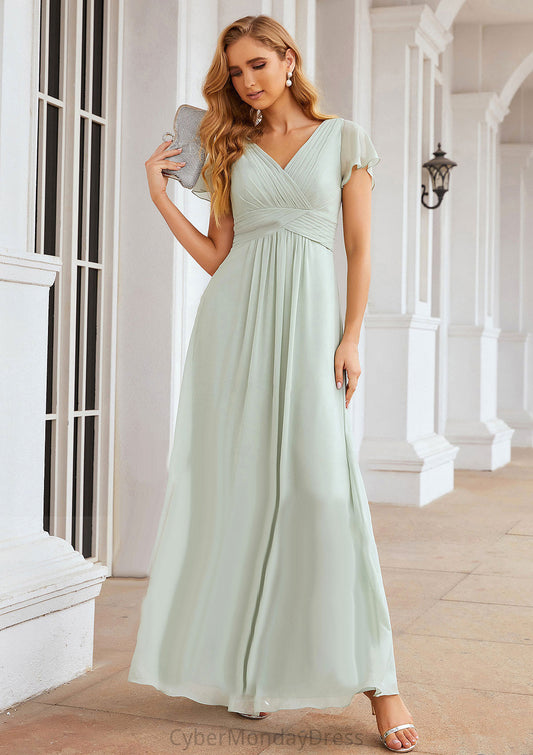 A-line V Neck Short Sleeve Long/Floor-Length Chiffon Bridesmaid Dresses With Pleated Mireya DTP0025309